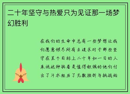 二十年坚守与热爱只为见证那一场梦幻胜利 二十年坚守与热爱只为见证那一场梦幻胜利